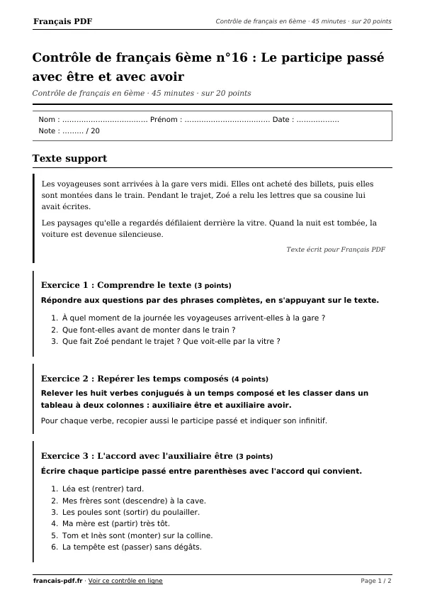 Contrôle de français 6ème n°16 en PDF