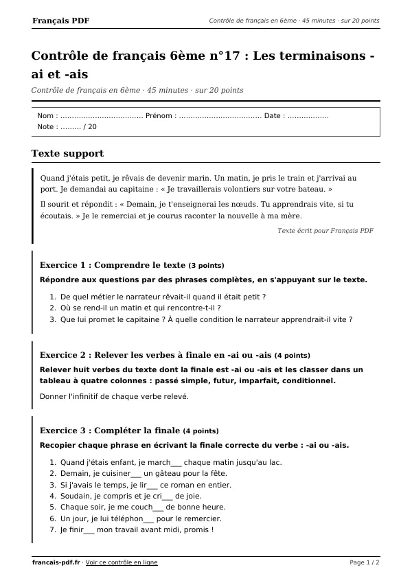 Contrôle de français 6ème n°17 en PDF