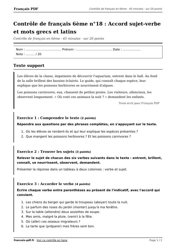 Contrôle de français 6ème n°18 en PDF