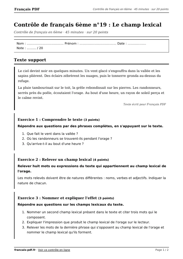 Contrôle de français 6ème n°19 en PDF