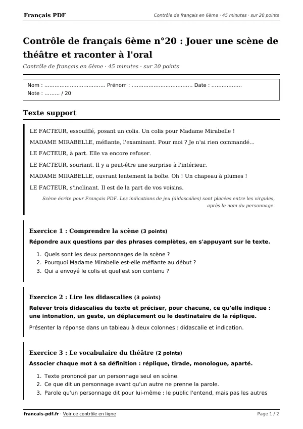 Contrôle de français 6ème n°20 en PDF