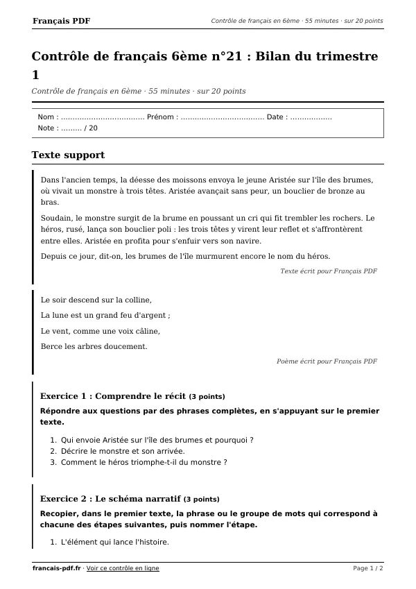 Contrôle de français 6ème n°21 en PDF