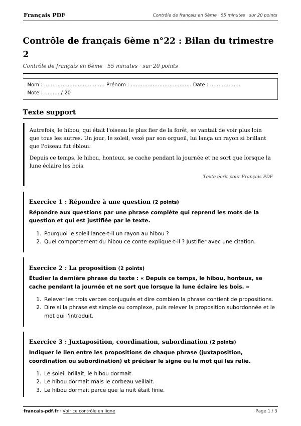 Contrôle de français 6ème n°22 en PDF