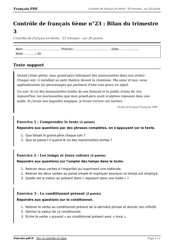 Contrôle de français 6ème n°23 en PDF