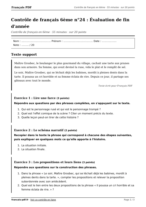 Contrôle de français 6ème n°24 en PDF