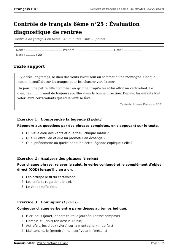 Contrôle de français 6ème n°25 en PDF