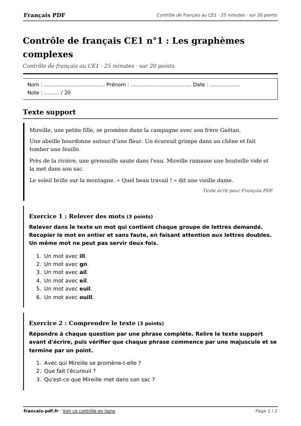 Contrôle de français CE1 n°1 en PDF