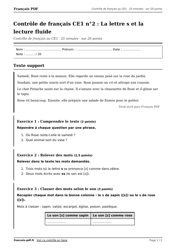 Contrôle de français CE1 n°2 en PDF