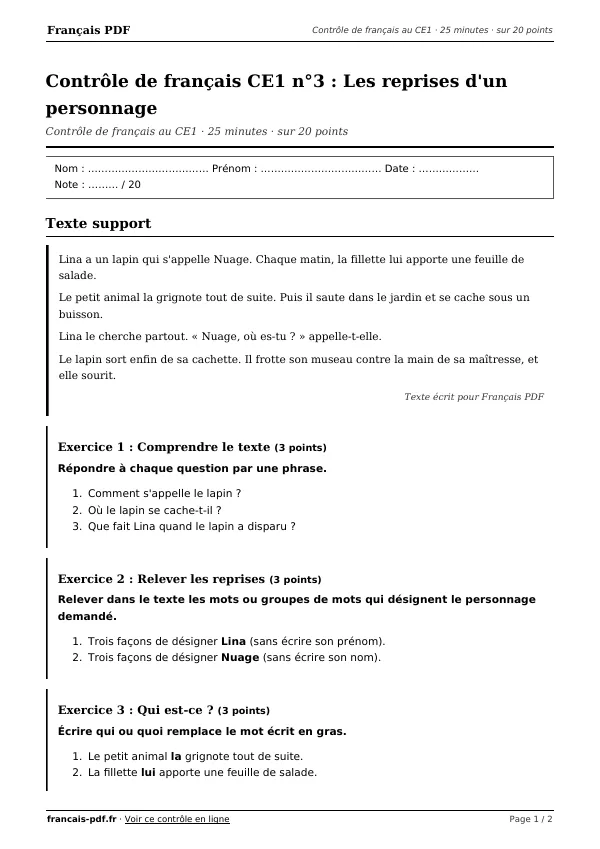 Contrôle de français CE1 n°3 en PDF