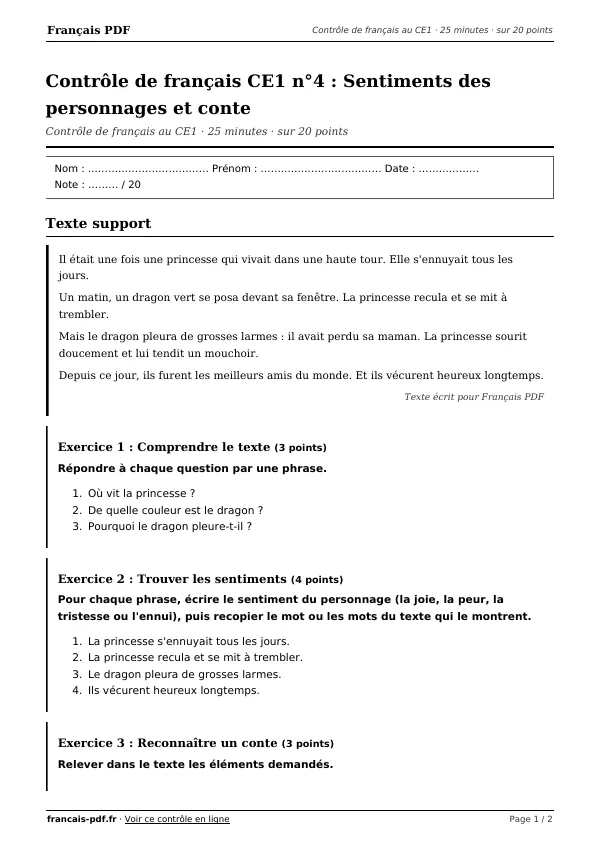 Contrôle de français CE1 n°4 en PDF
