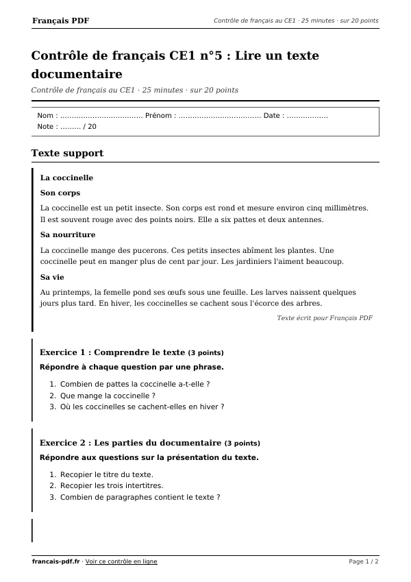 Contrôle de français CE1 n°5 en PDF