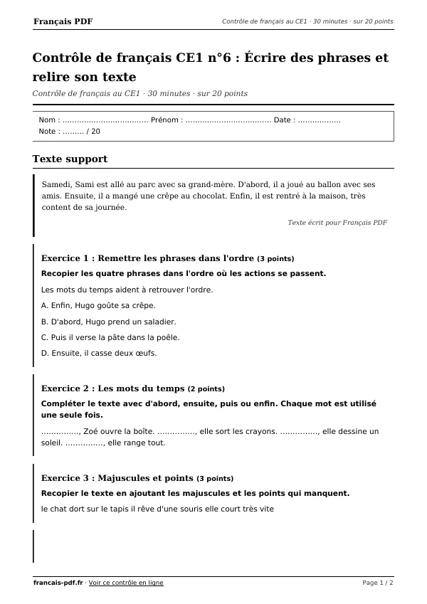 Contrôle de français CE1 n°6 en PDF