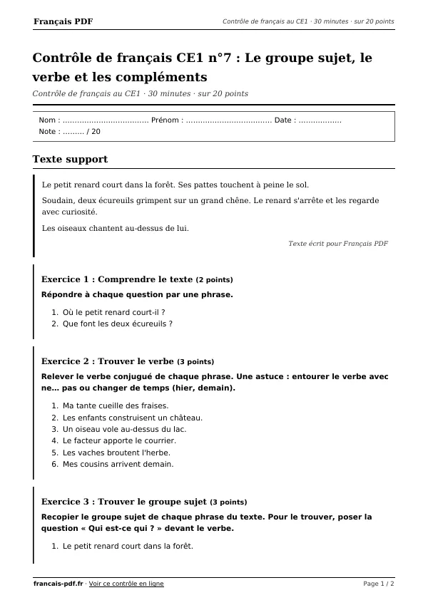 Contrôle de français CE1 n°7 en PDF