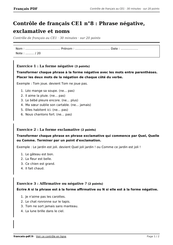 Contrôle de français CE1 n°8 en PDF