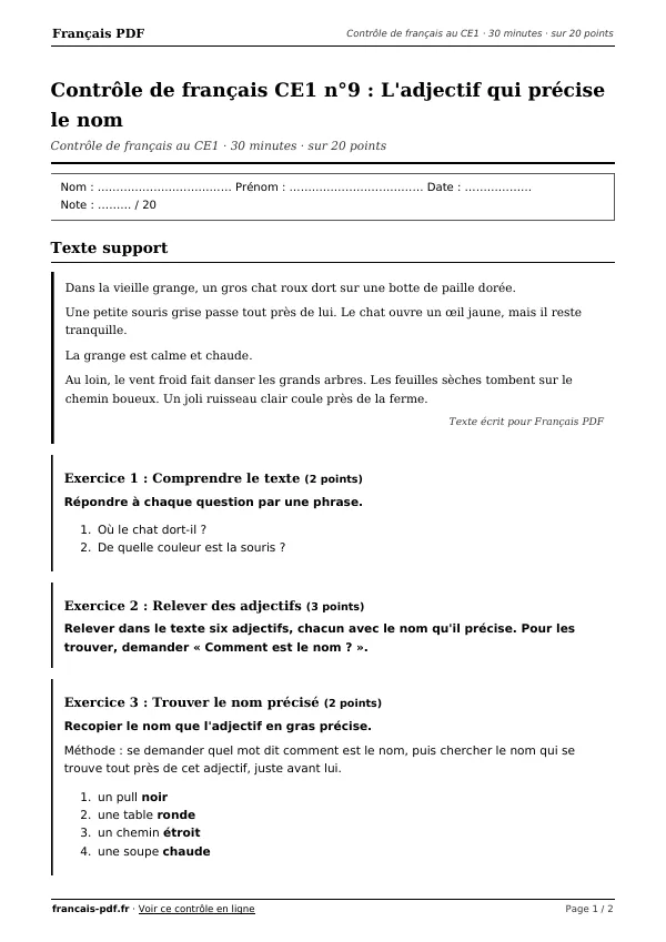 Contrôle de français CE1 n°9 en PDF