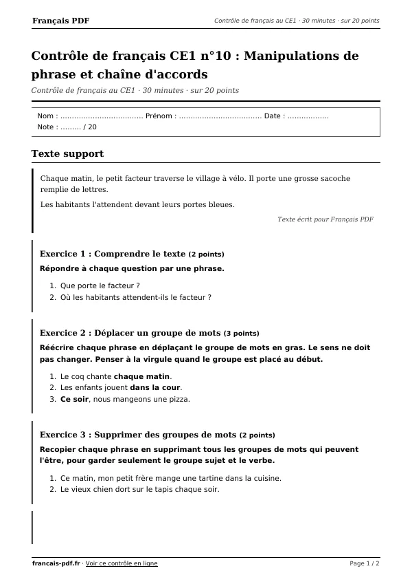 Contrôle de français CE1 n°10 en PDF