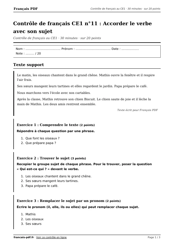 Contrôle de français CE1 n°11 en PDF