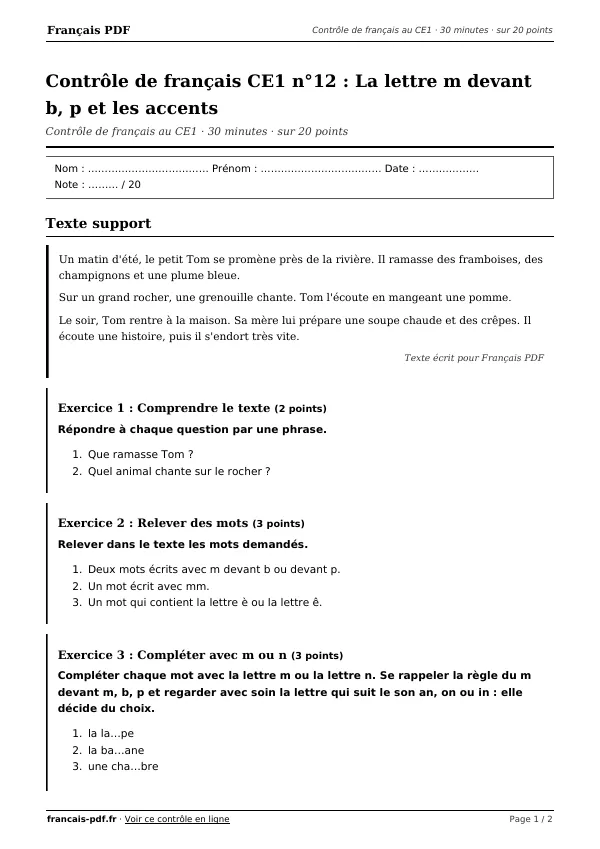Contrôle de français CE1 n°12 en PDF