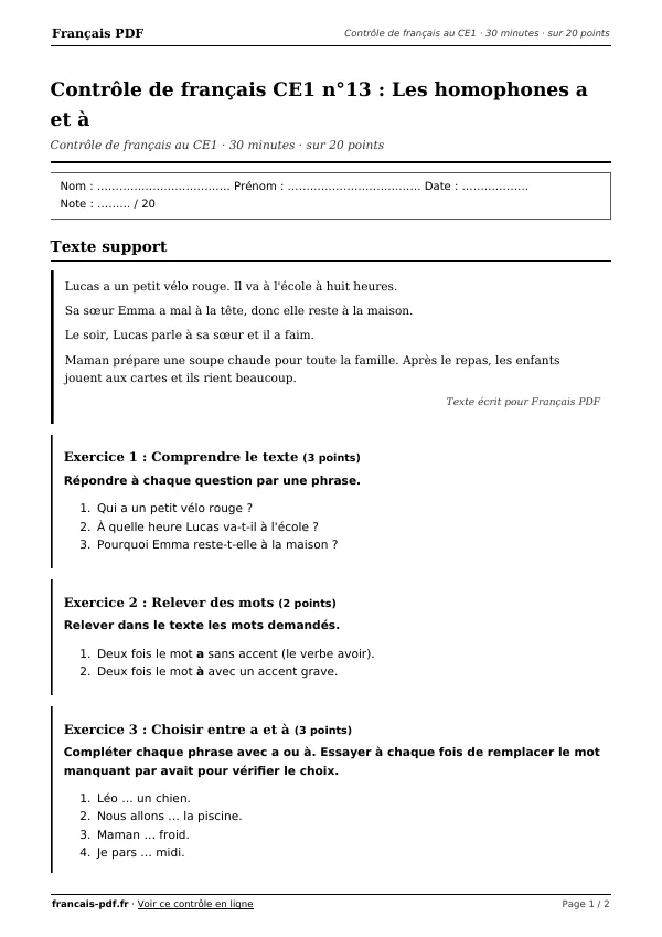 Contrôle de français CE1 n°13 en PDF