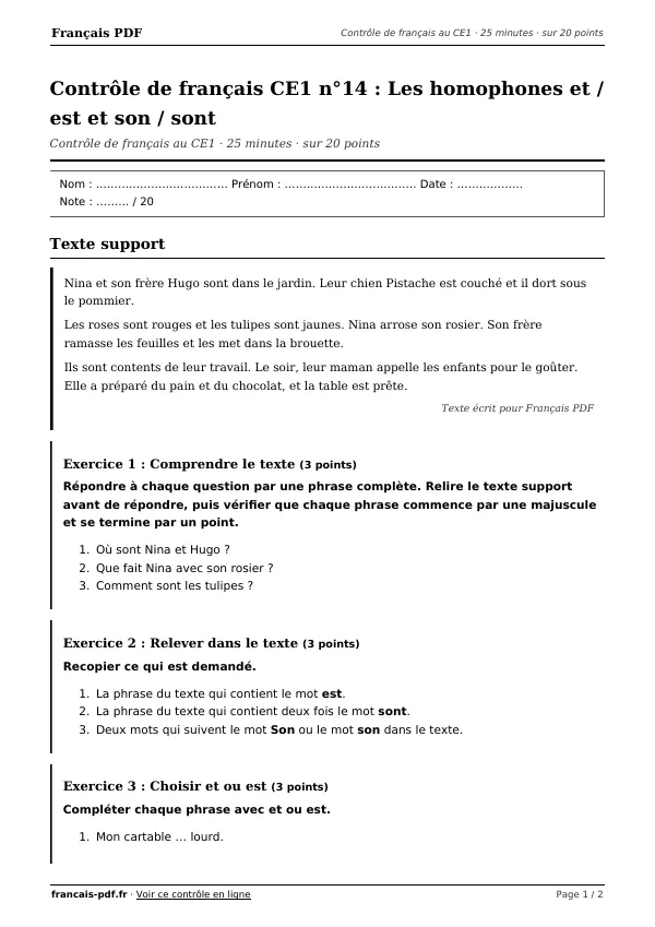 Contrôle de français CE1 n°14 en PDF