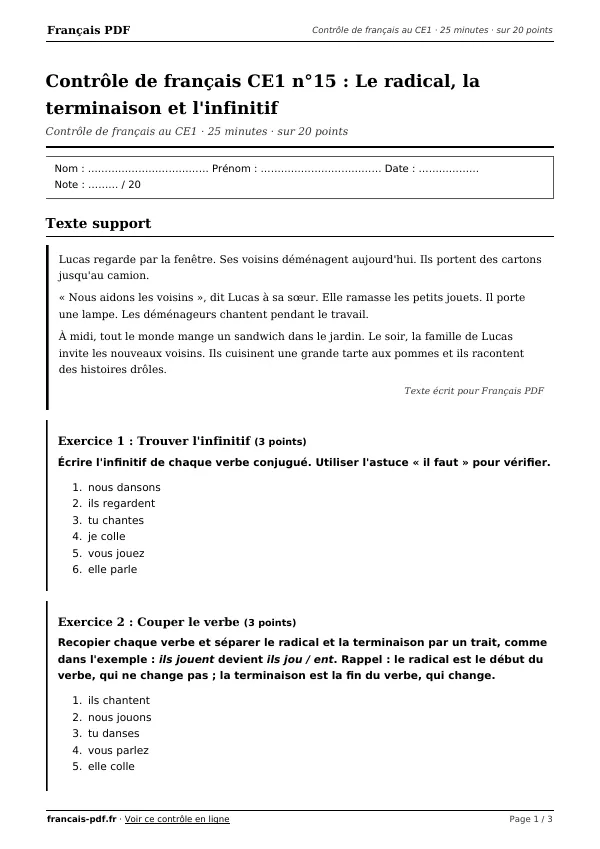 Contrôle de français CE1 n°15 en PDF
