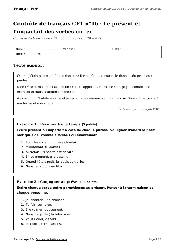 Contrôle de français CE1 n°16 en PDF