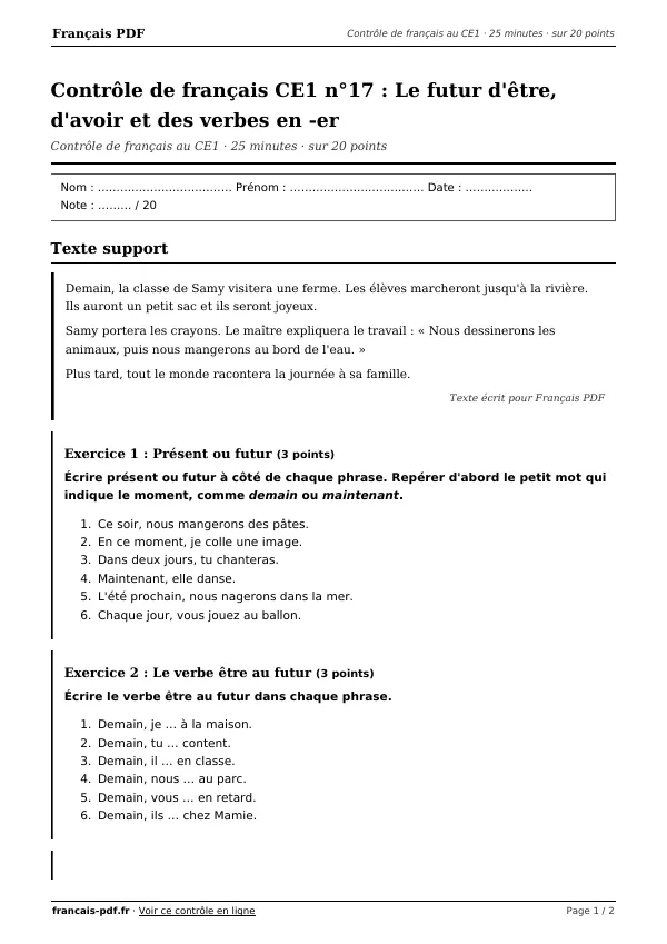 Contrôle de français CE1 n°17 en PDF