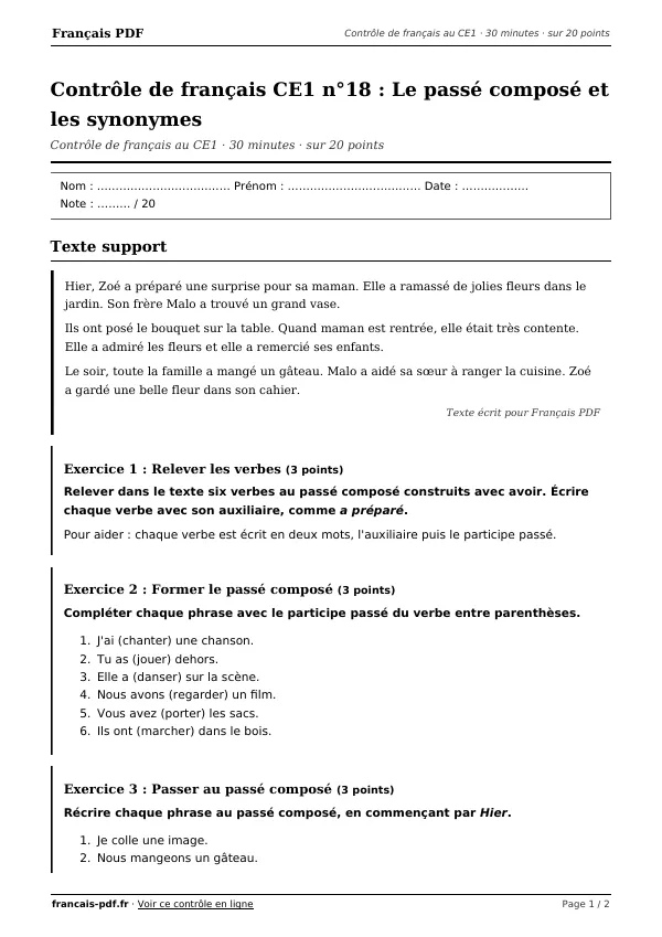 Contrôle de français CE1 n°18 en PDF