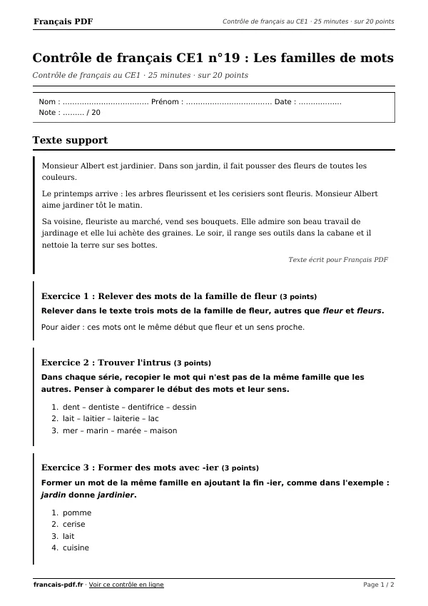 Contrôle de français CE1 n°19 en PDF