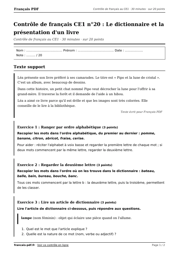 Contrôle de français CE1 n°20 en PDF
