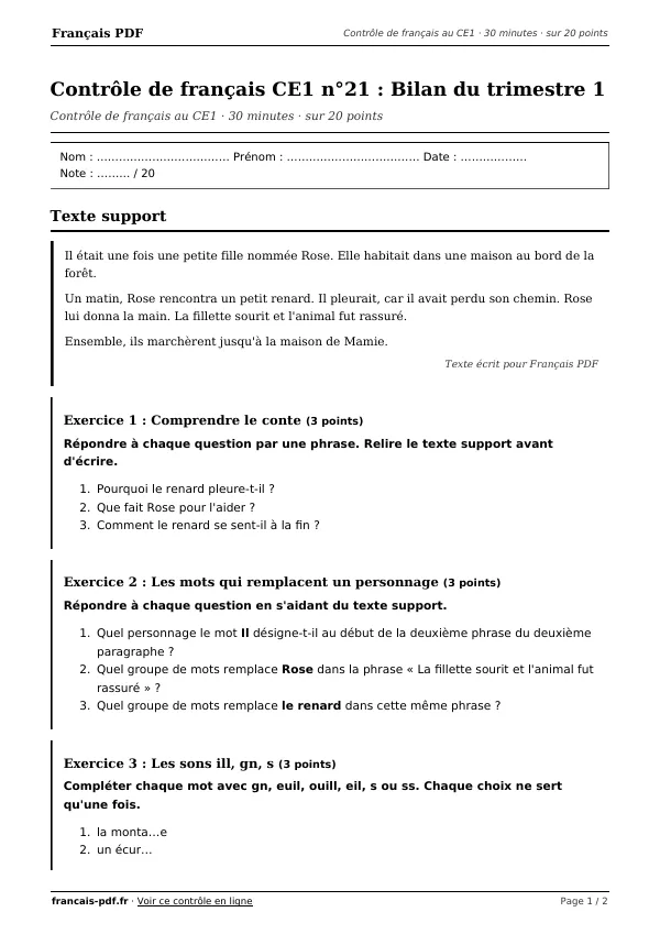 Contrôle de français CE1 n°21 en PDF