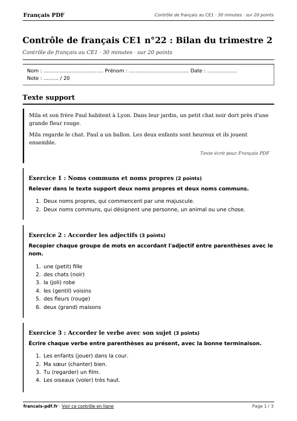 Contrôle de français CE1 n°22 en PDF