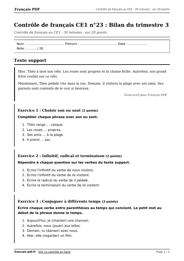 Contrôle de français CE1 n°23 en PDF