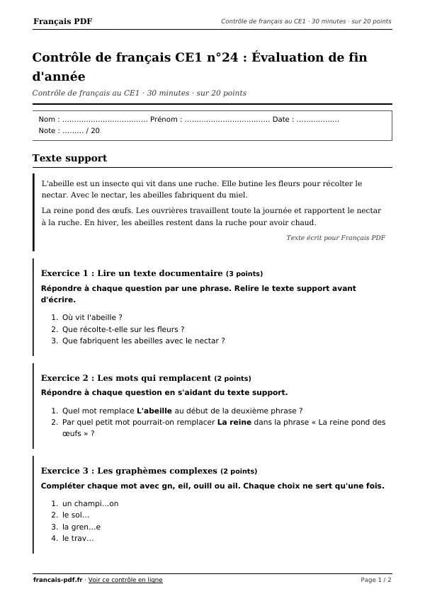 Contrôle de français CE1 n°24 en PDF
