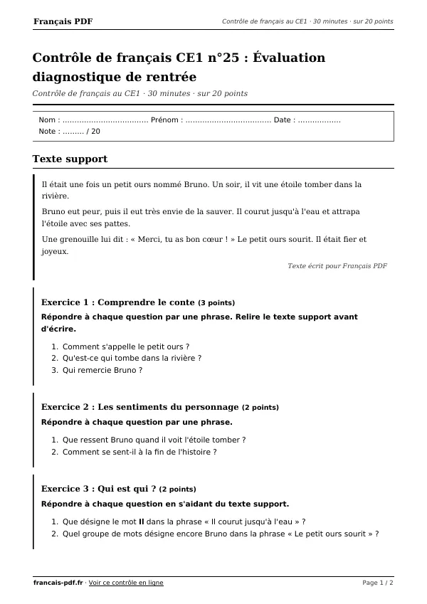 Contrôle de français CE1 n°25 en PDF