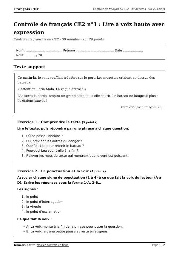 Contrôle de français CE2 n°1 en PDF