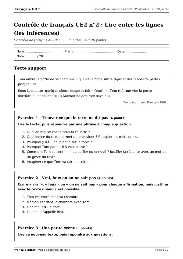 Contrôle de français CE2 n°2 en PDF