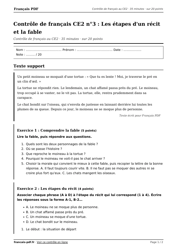 Contrôle de français CE2 n°3 en PDF