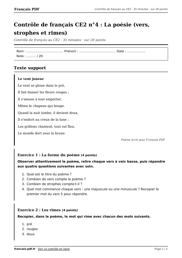 Contrôle de français CE2 n°4 en PDF