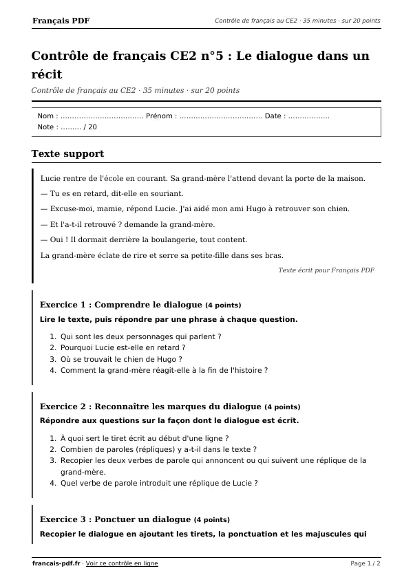 Contrôle de français CE2 n°5 en PDF
