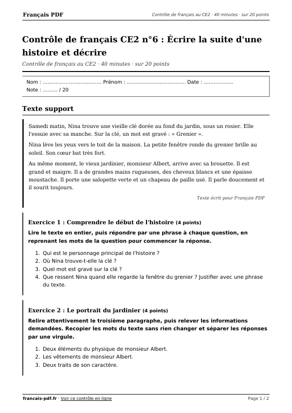 Contrôle de français CE2 n°6 en PDF