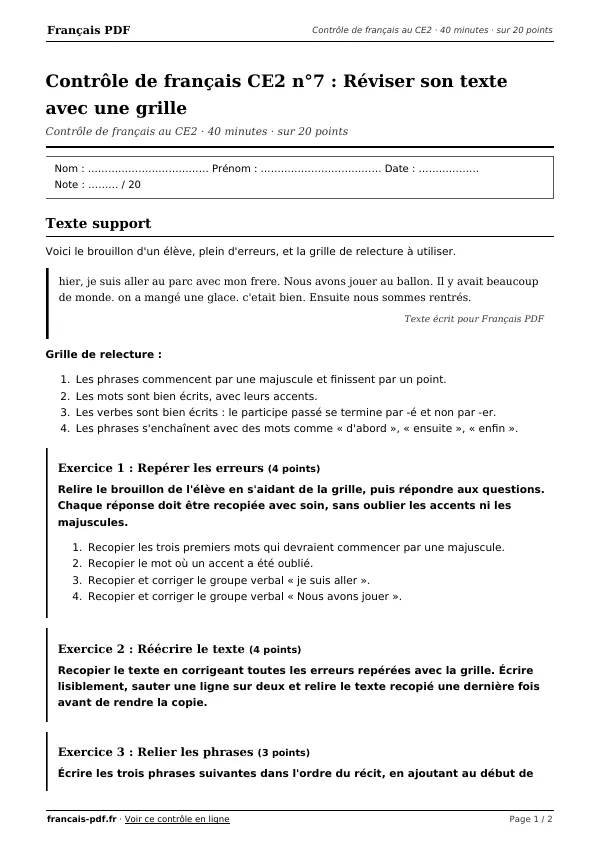 Contrôle de français CE2 n°7 en PDF