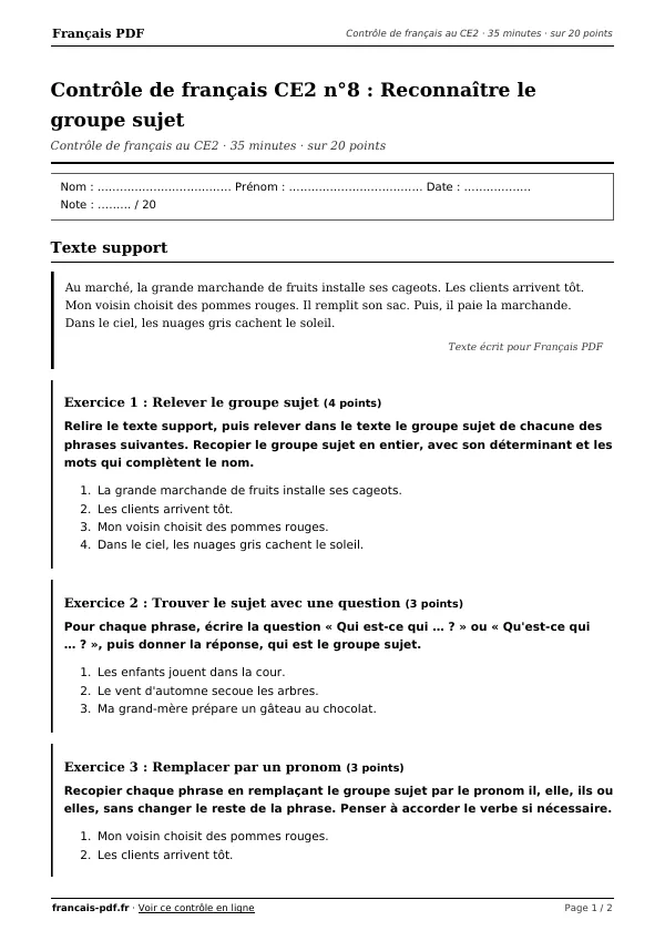 Contrôle de français CE2 n°8 en PDF