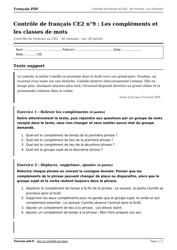 Contrôle de français CE2 n°9 en PDF
