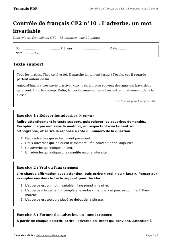 Contrôle de français CE2 n°10 en PDF