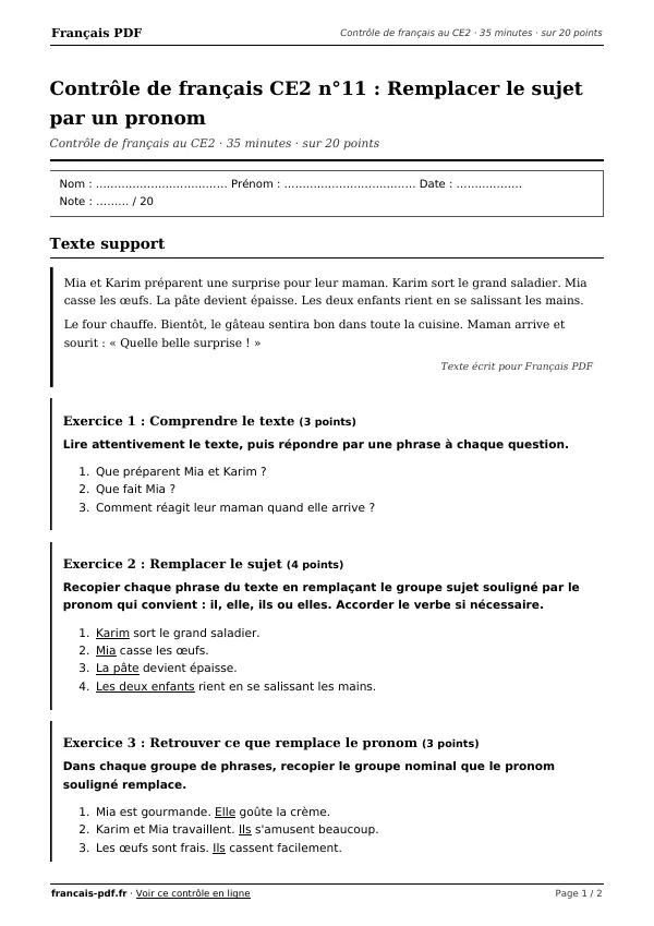Contrôle de français CE2 n°11 en PDF