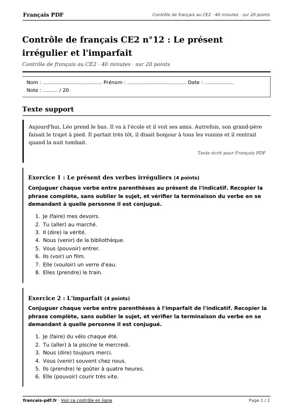 Contrôle de français CE2 n°12 en PDF