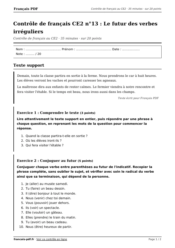 Contrôle de français CE2 n°13 en PDF