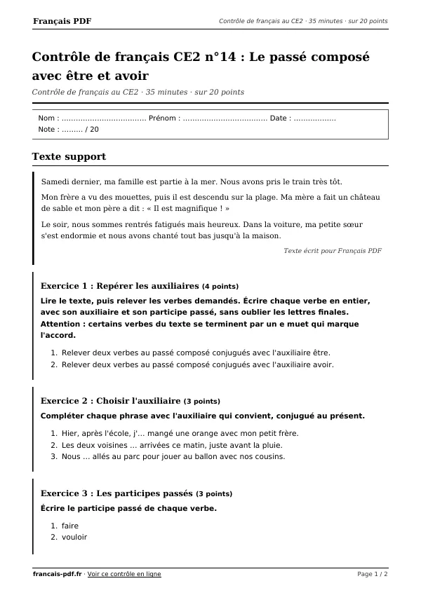 Contrôle de français CE2 n°14 en PDF