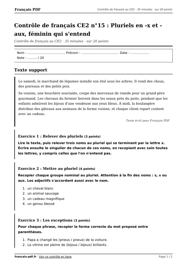 Contrôle de français CE2 n°15 en PDF